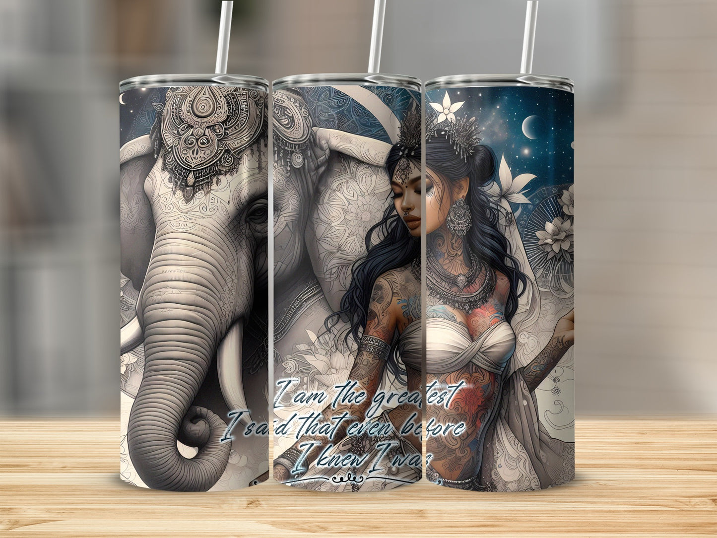 Elephant and tattooed woman with floral motifs and text.