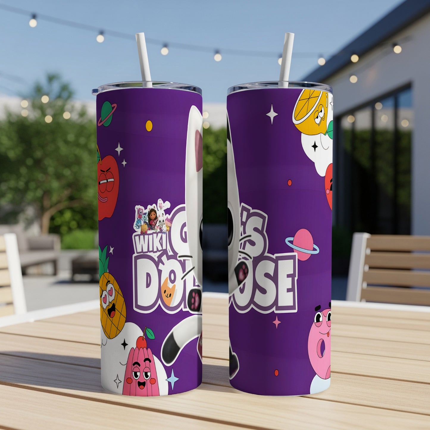Purple tumbler with "Goo Goo Gaa Gaa" text and cartoon characters.