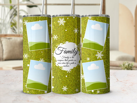 Three tumblers with green glitter, snowflakes, and photo frames with landscape placeholders.