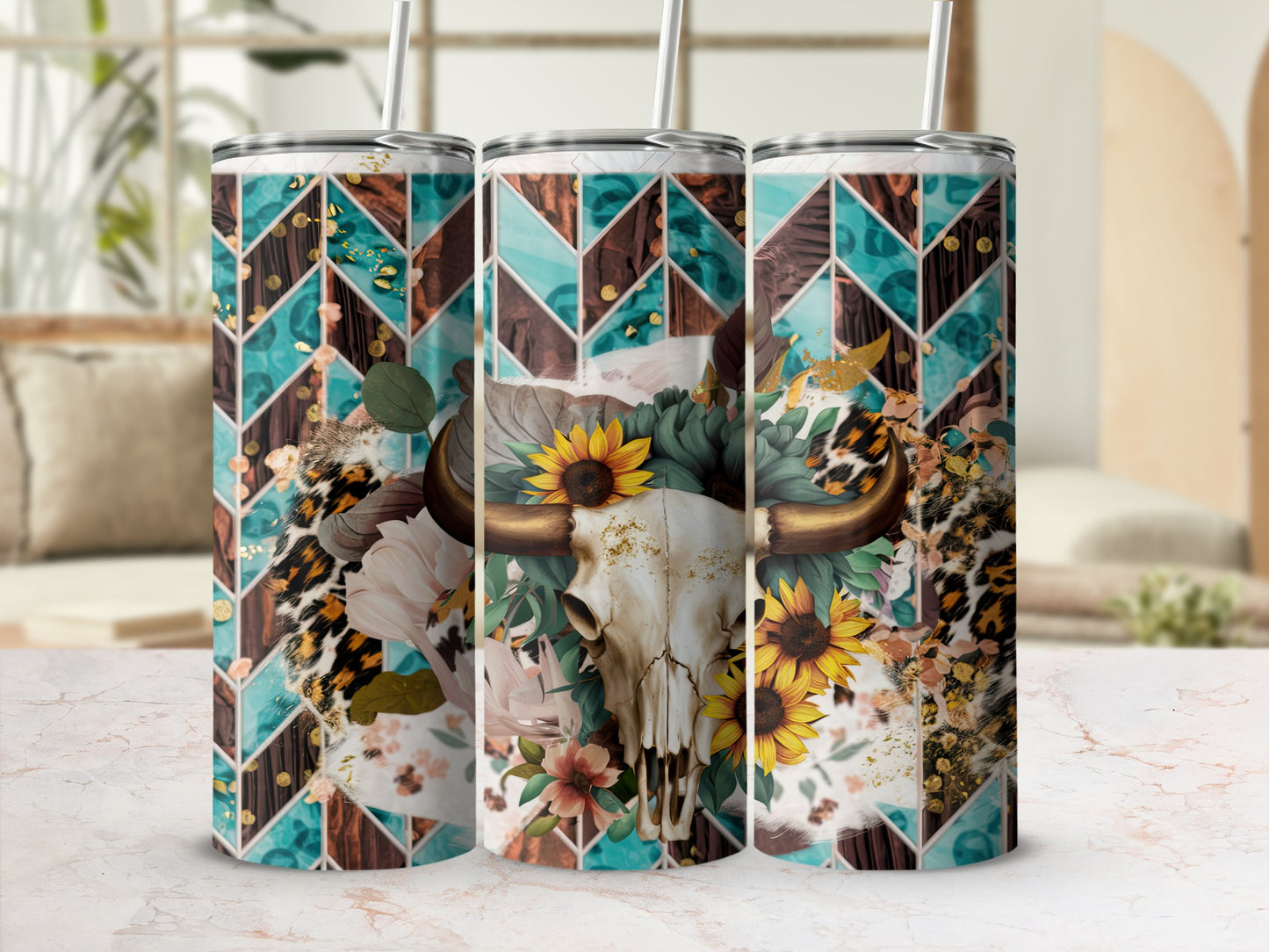 Three tumblers with a bull skull, sunflowers, and leopard print design.