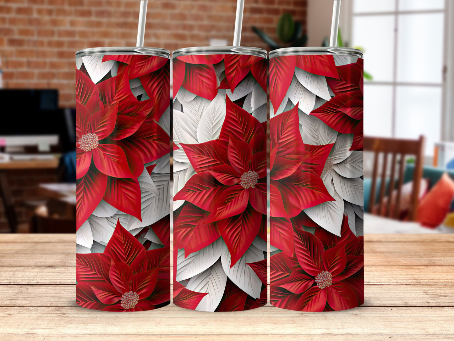 Festive Red and White Poinsettia Themed Tumbler Product