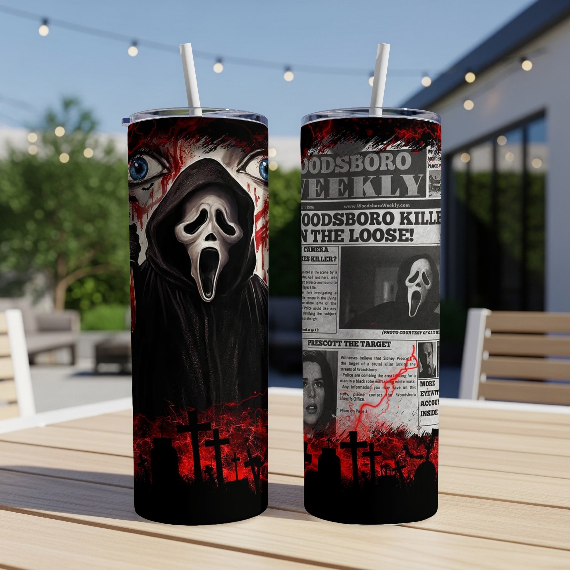 Woodsboro Weekly newspaper headline "Woodsboro Killer in the Loose!" with Scream mask.