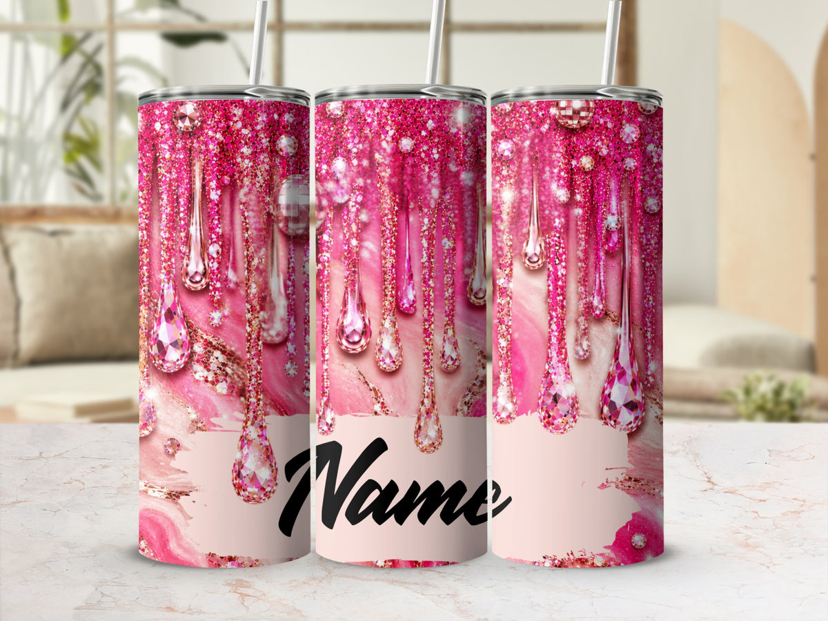 Three pink glitter tumblers with dripping gemstone and disco ball designs, featuring "Name" text.