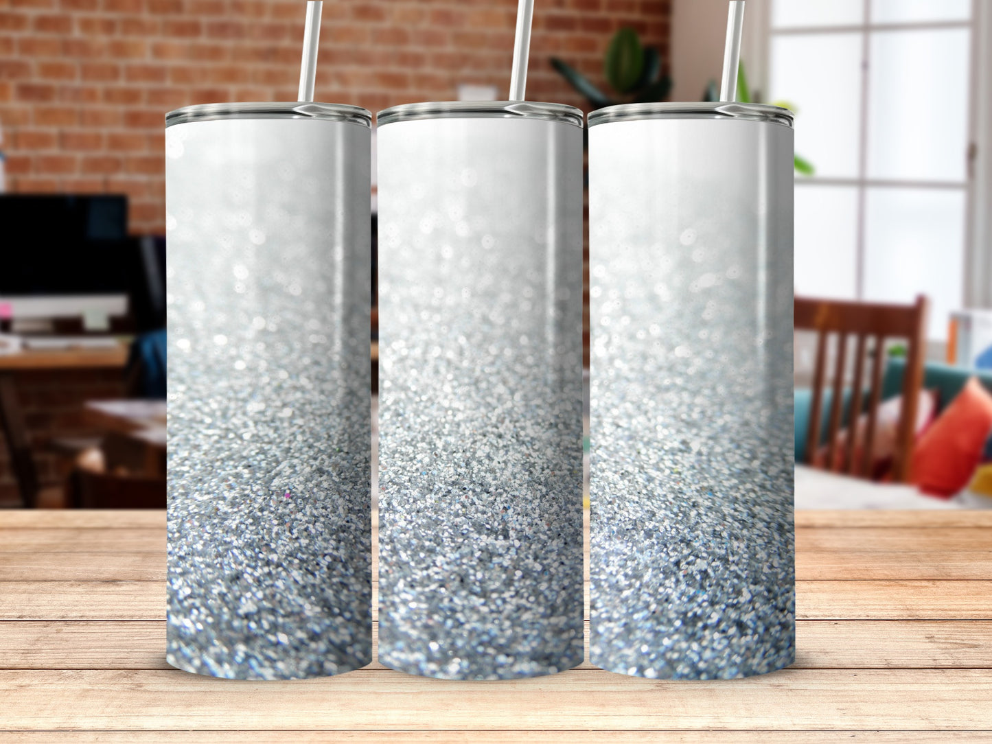 Sparkling Silver Glitter Tumbler Cups with Lids