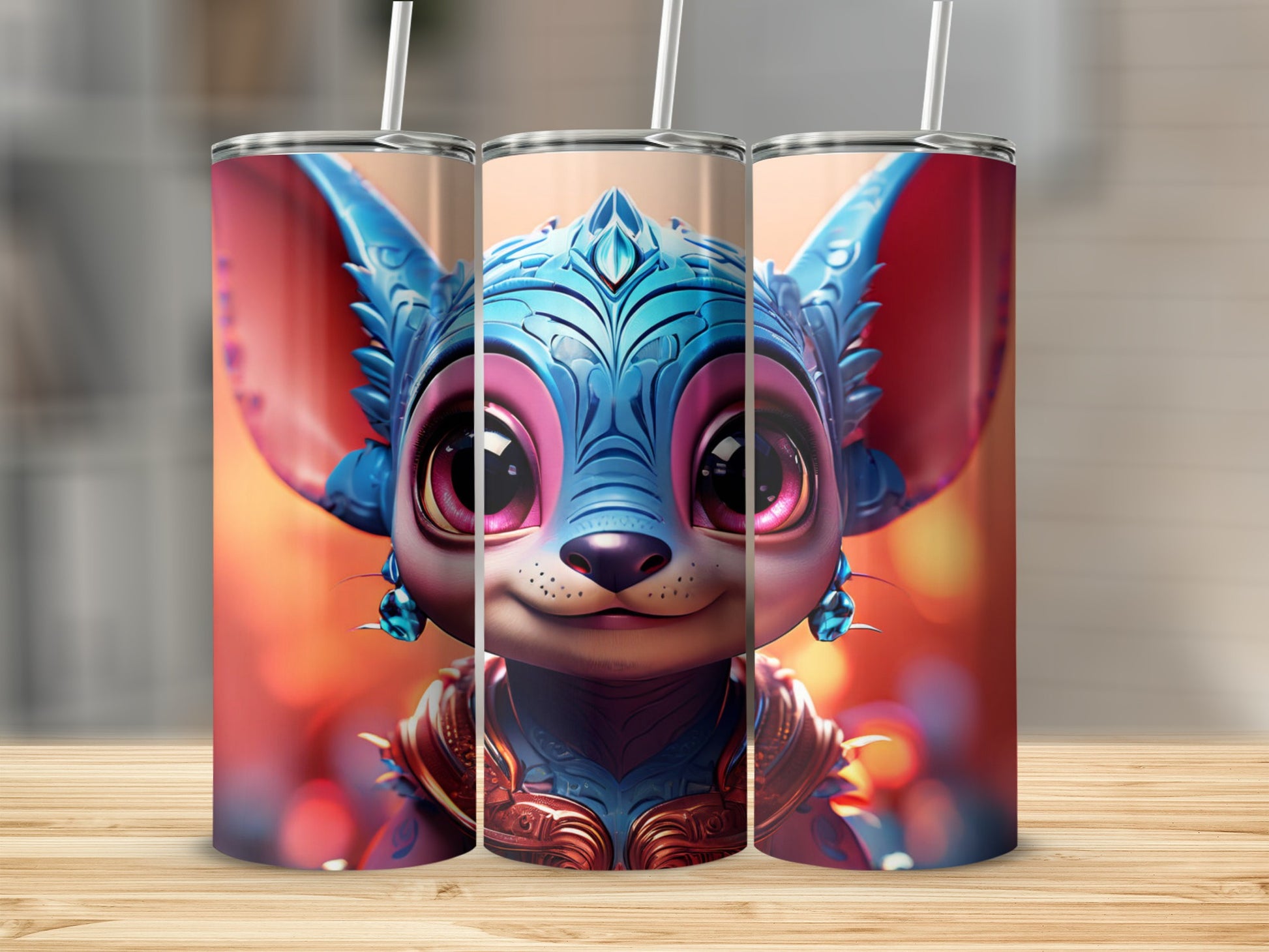 Cartoon fox character with large ears and blue eyes on a tumbler.
