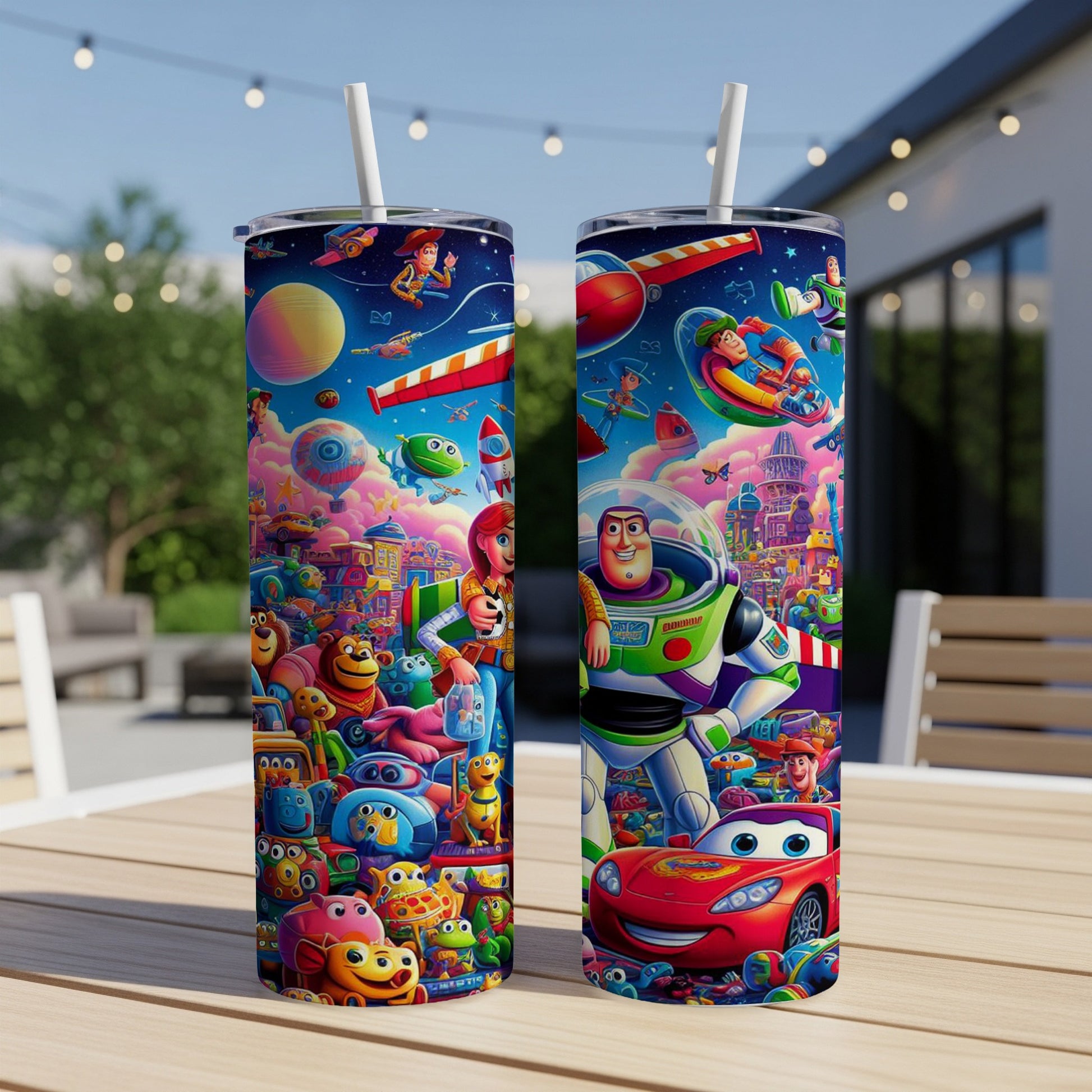 Two tumblers with Toy Story and Cars characters on a table.