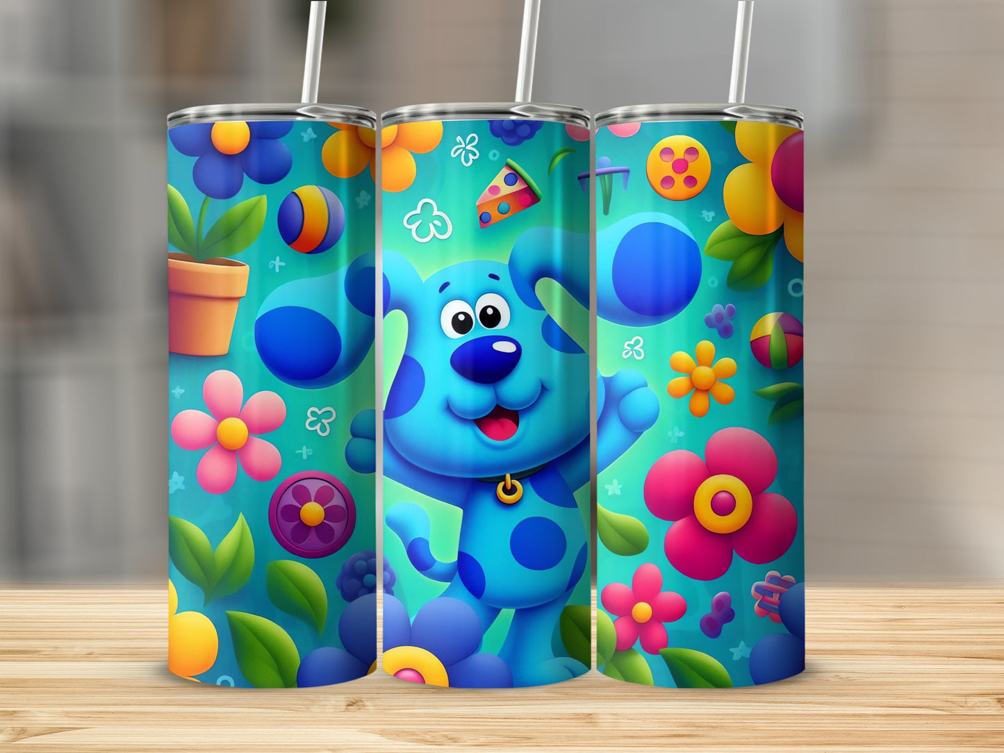 Colorful Cartoon Dog and Flowers Pattern Tumbler