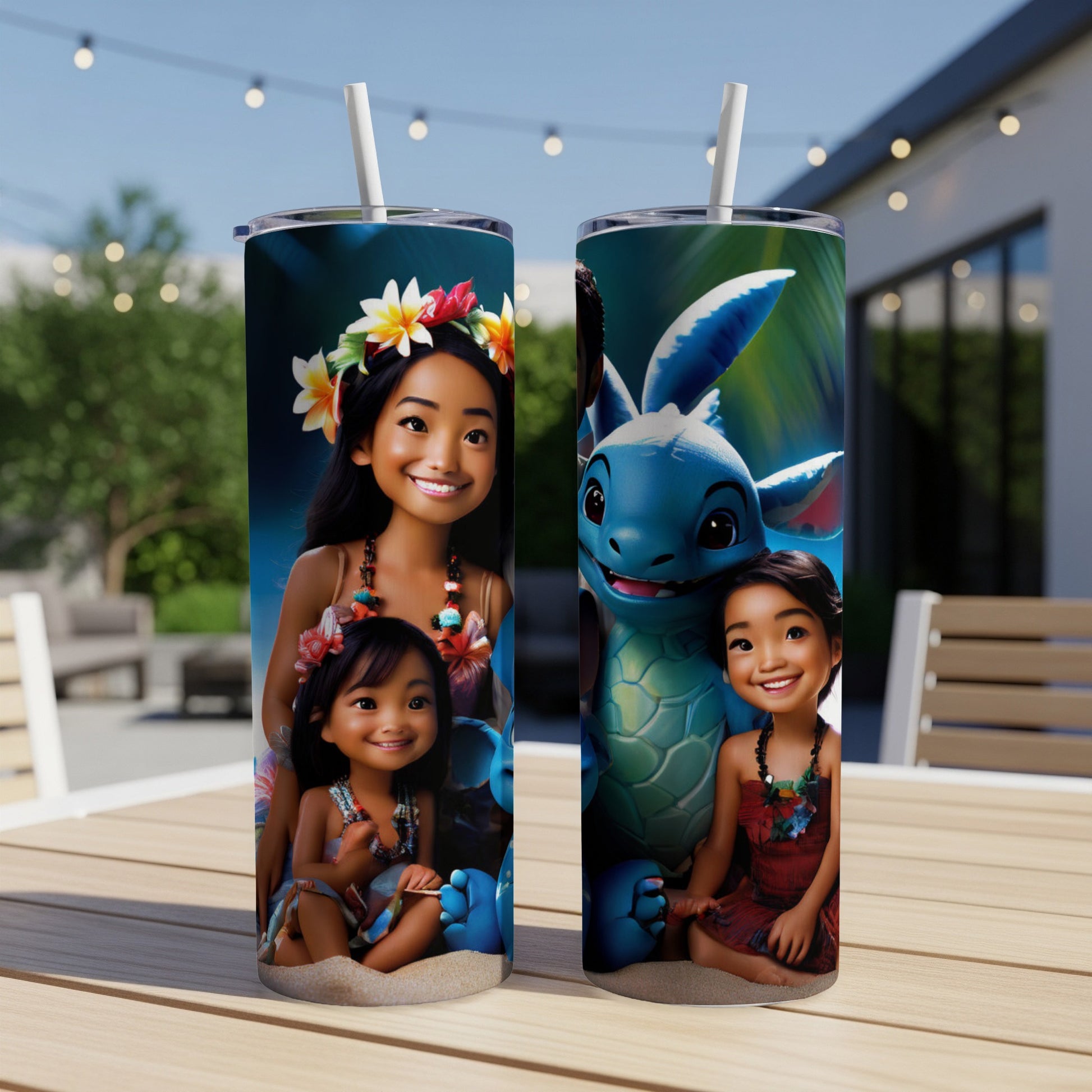 Two tall tumblers with Moana characters, one with Moana and a young girl, the other with Moana and a dragon.