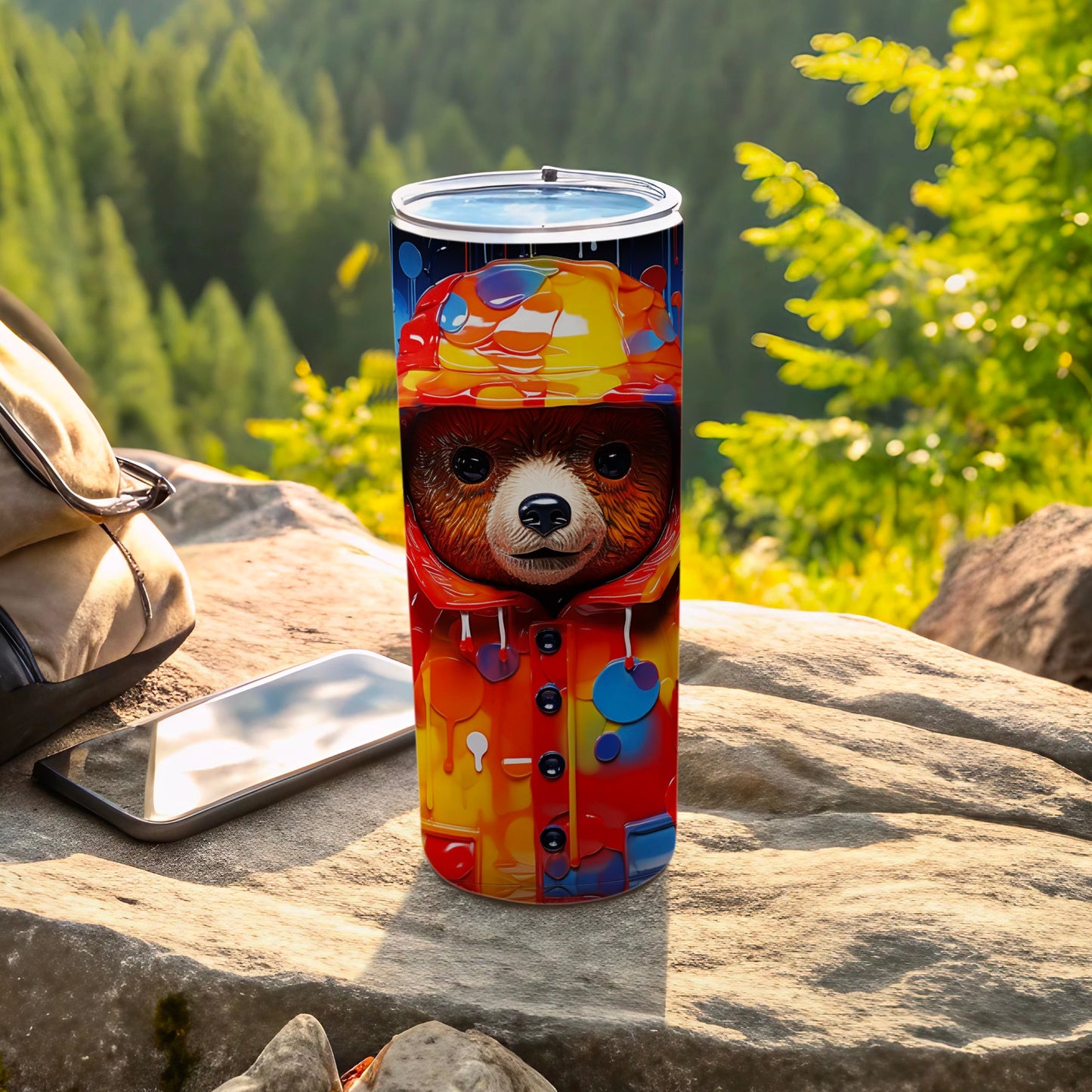 Adorable Bear in Colorful Raincoat Tumbler for Outdoor Use