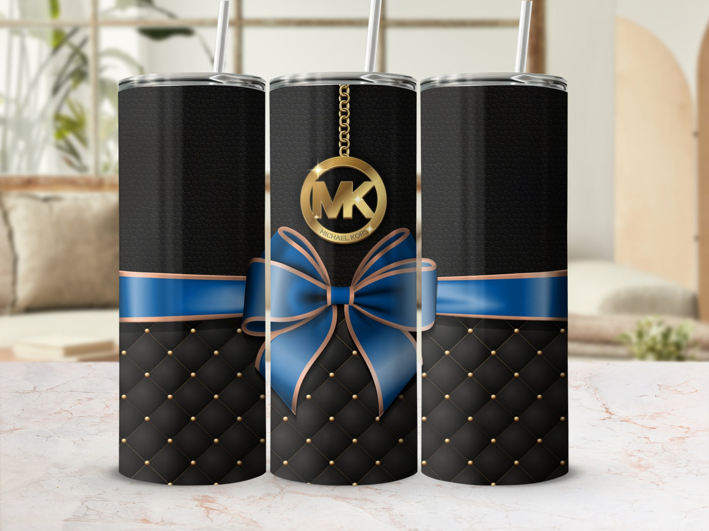 Black and Blue Tumbler with MK Logo and Bow Design