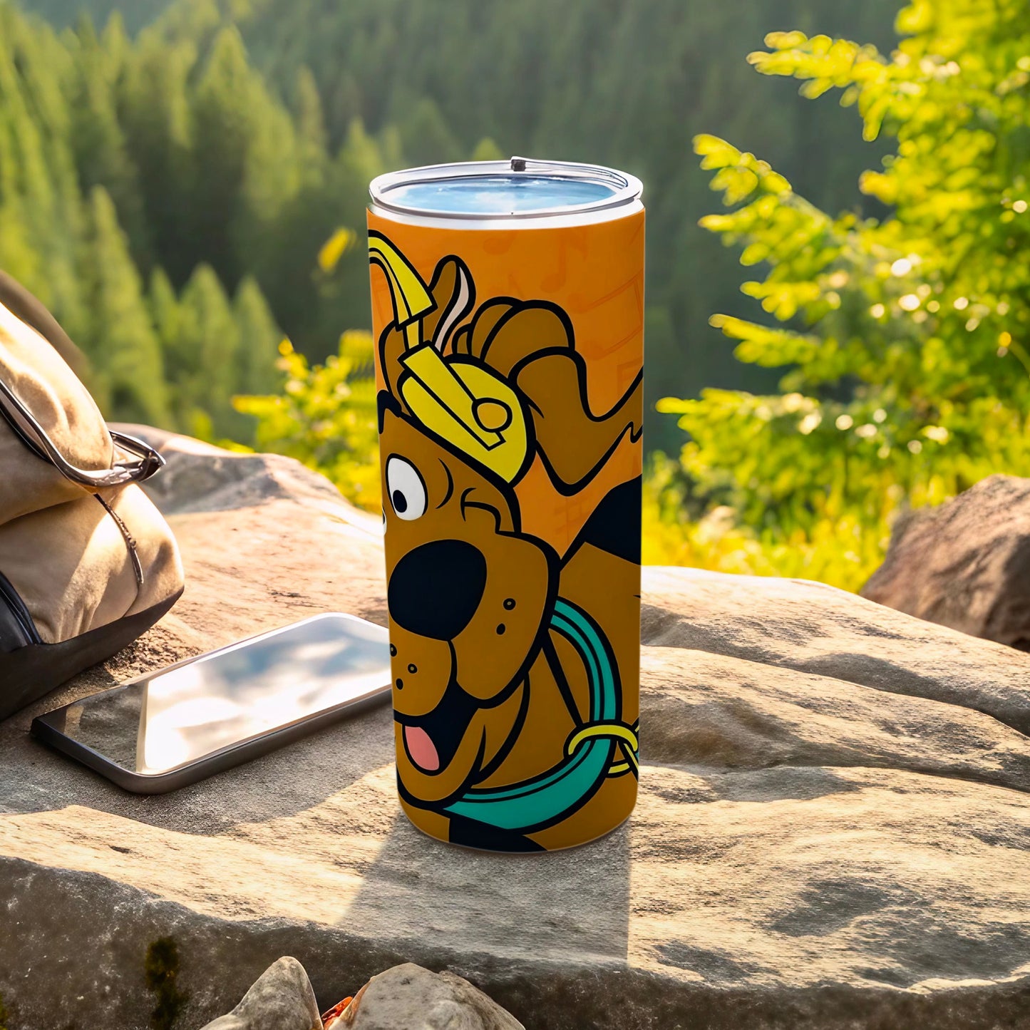 Scooby-Doo tumbler with orange background and green collar.