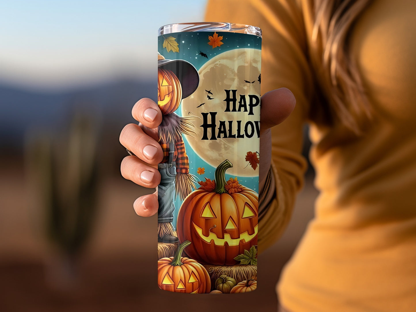 Halloween Themed Tumbler with Pumpkins and Moon Design
