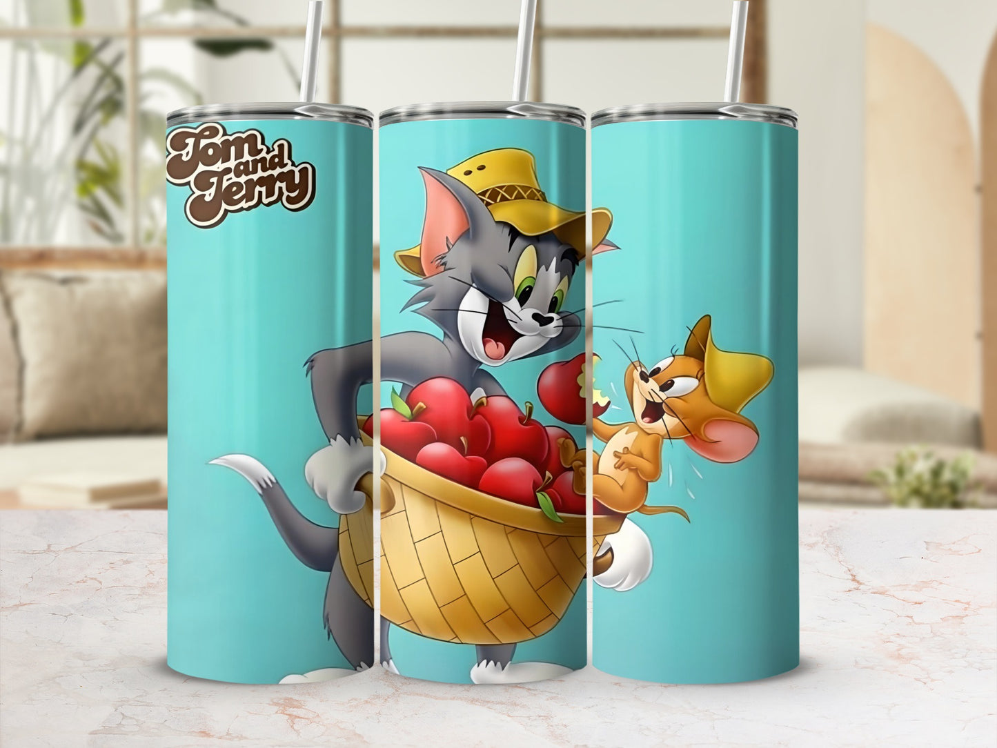 Tom and Jerry with Apples Cartoon Illustration Tumblers