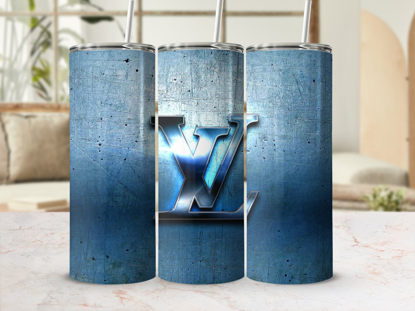 Blue Scratched Metal Look Insulated Tumbler Cup