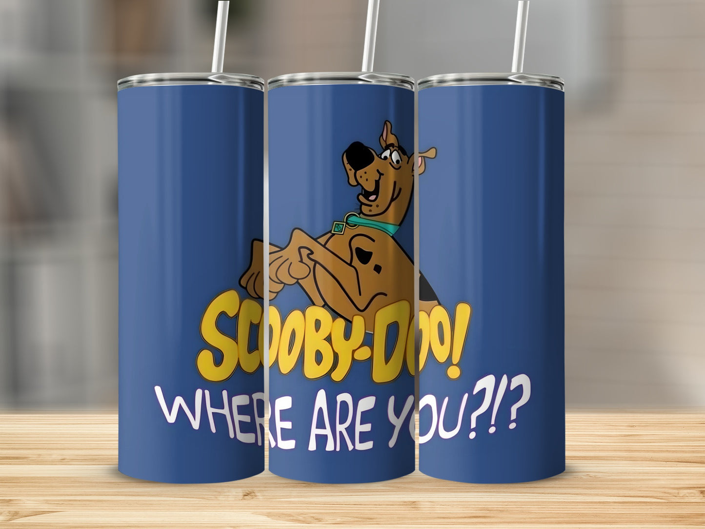 Scooby-Doo! Where are you?! graphic on blue tumbler with straw.