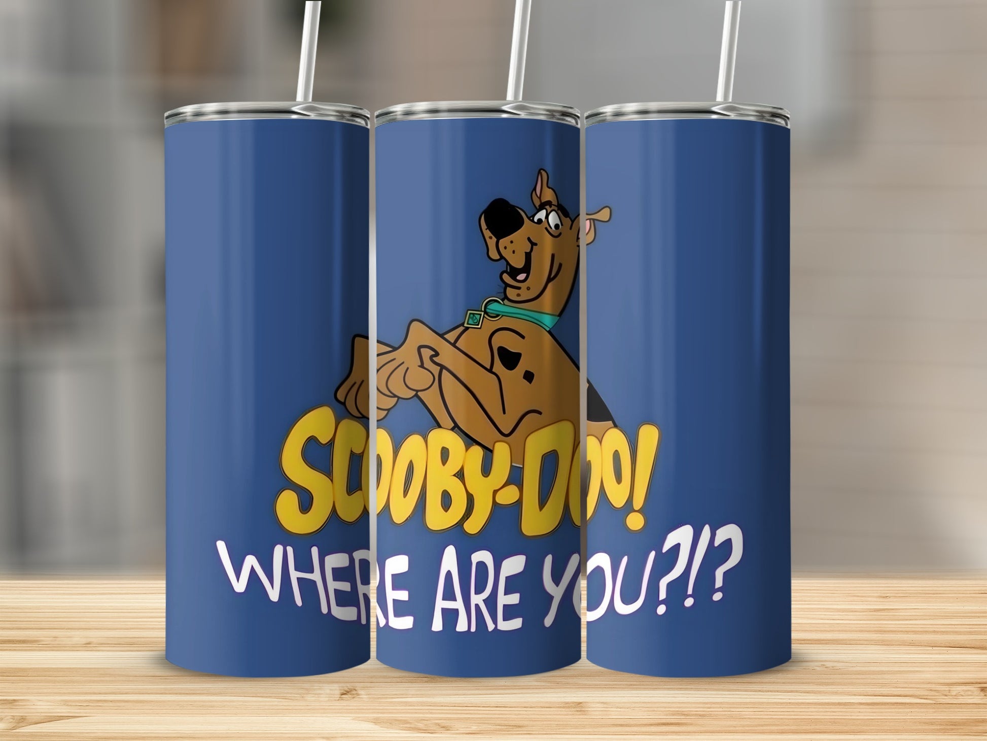 Scooby-Doo! Where are you?! graphic on blue tumbler with straw.
