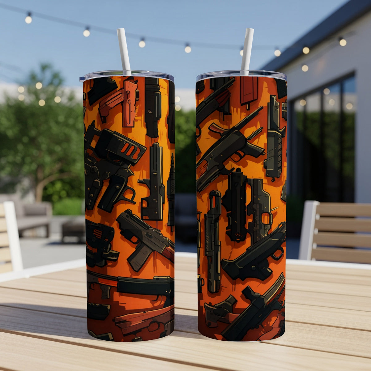 Two tumblers with a repeating pattern of cartoon guns on an orange background.