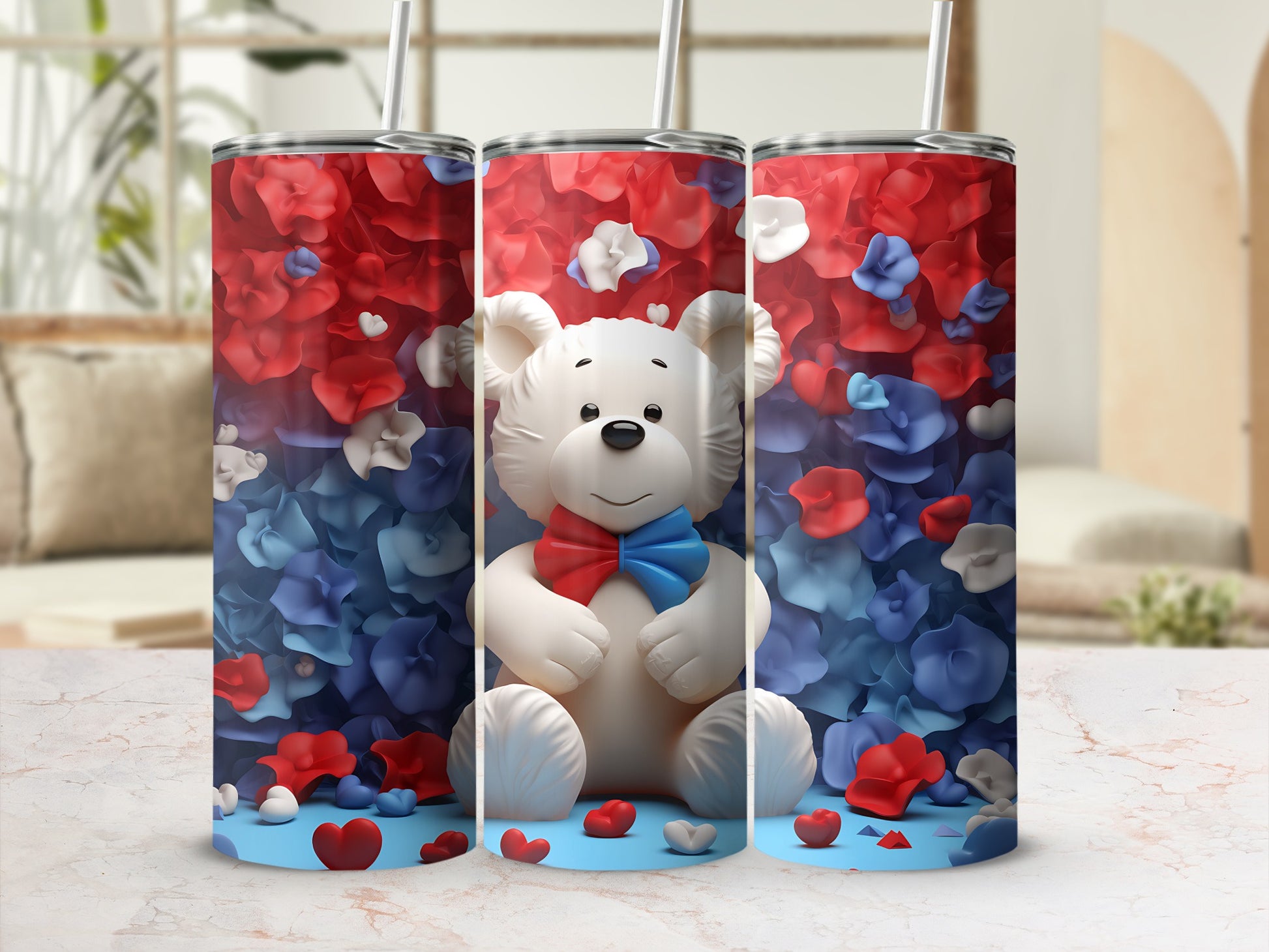 White teddy bear with red and blue floral background and heart accents.