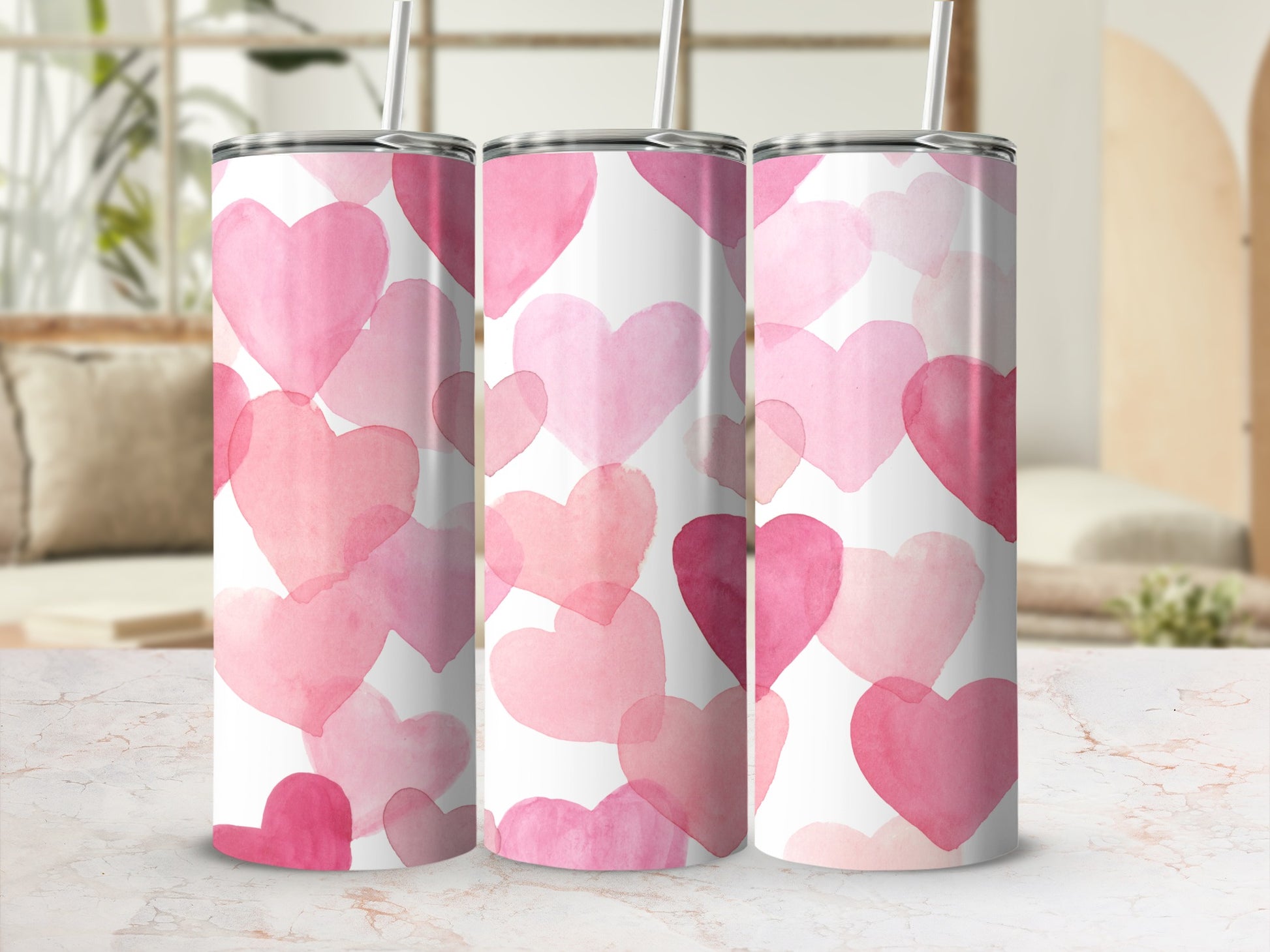 Pink and Red Heart Pattern Tumbler With Lid