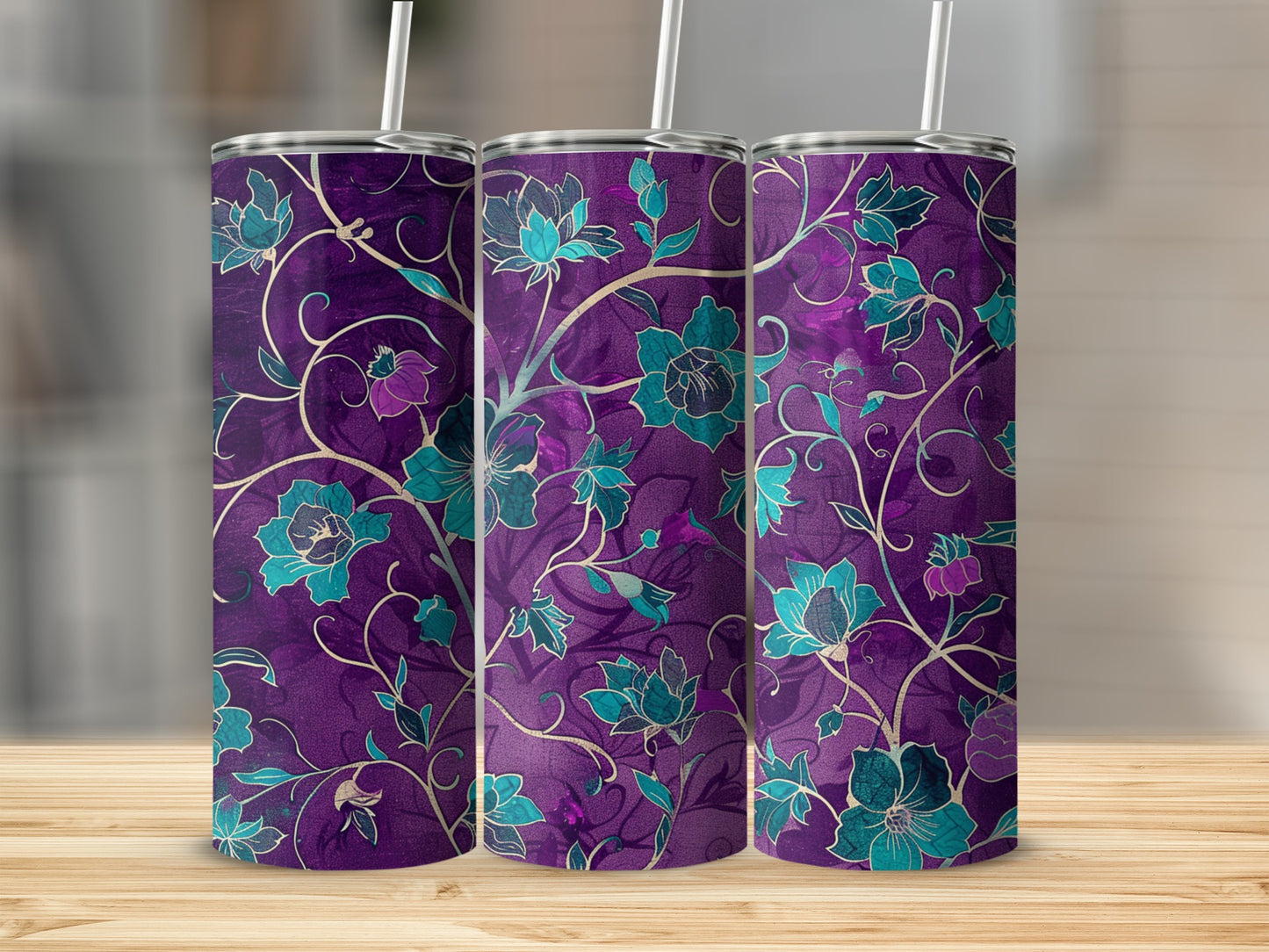 Beautiful Purple And Teal Floral Design Tumbler