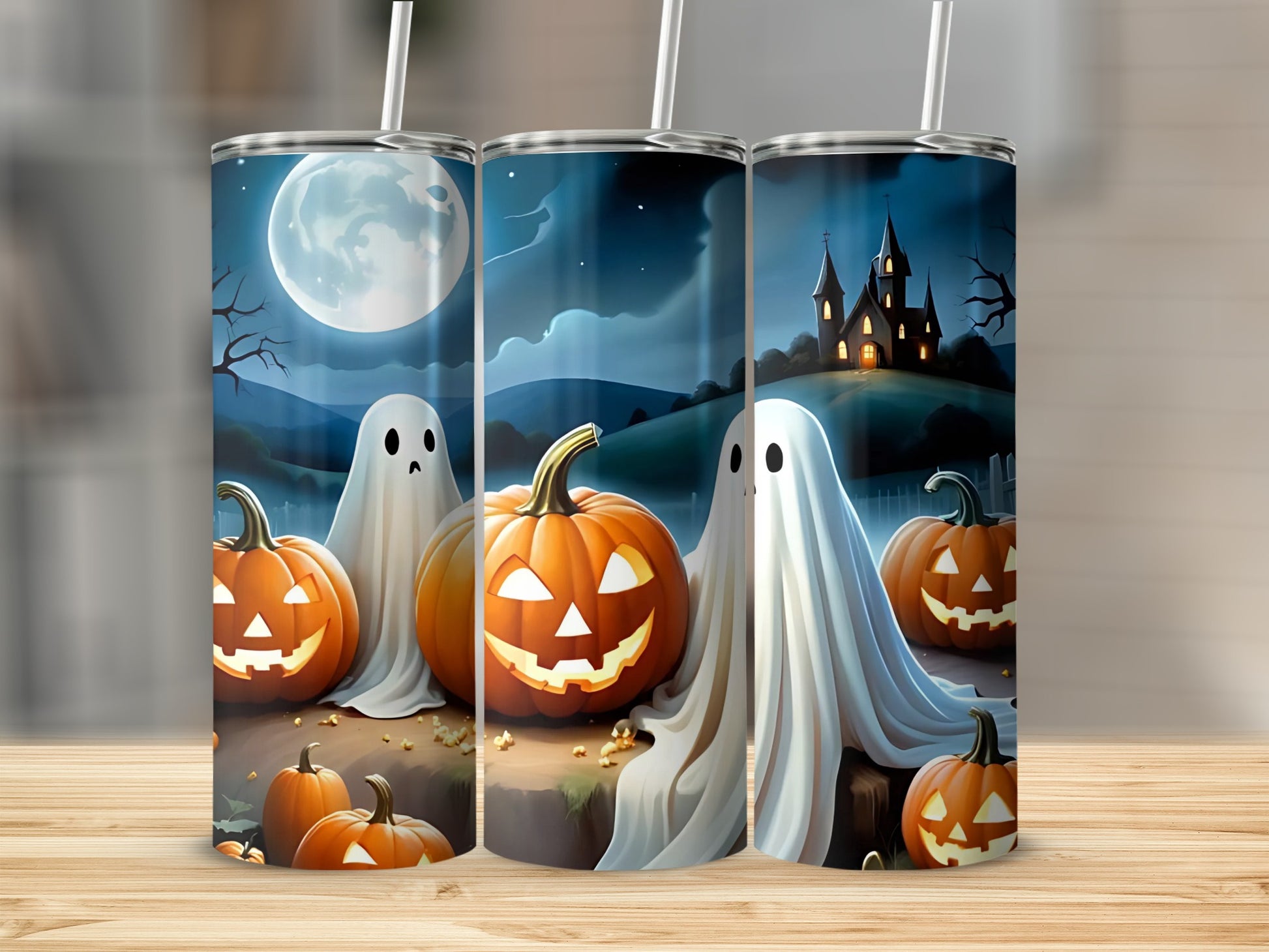 Spooky Halloween Ghosts and Pumpkins themed tumbler