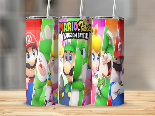Mario and Rabbids Kingdom Battle characters on a set of three colorful tumblers.
