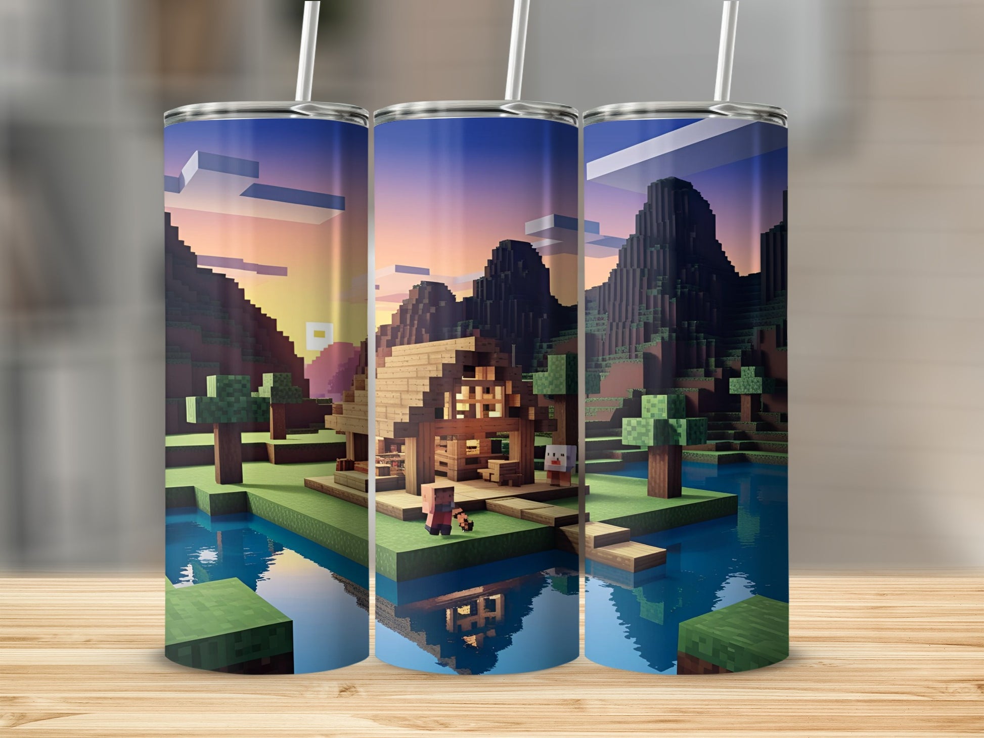 Minecraft landscape with house and water, rendered on three tumblers.