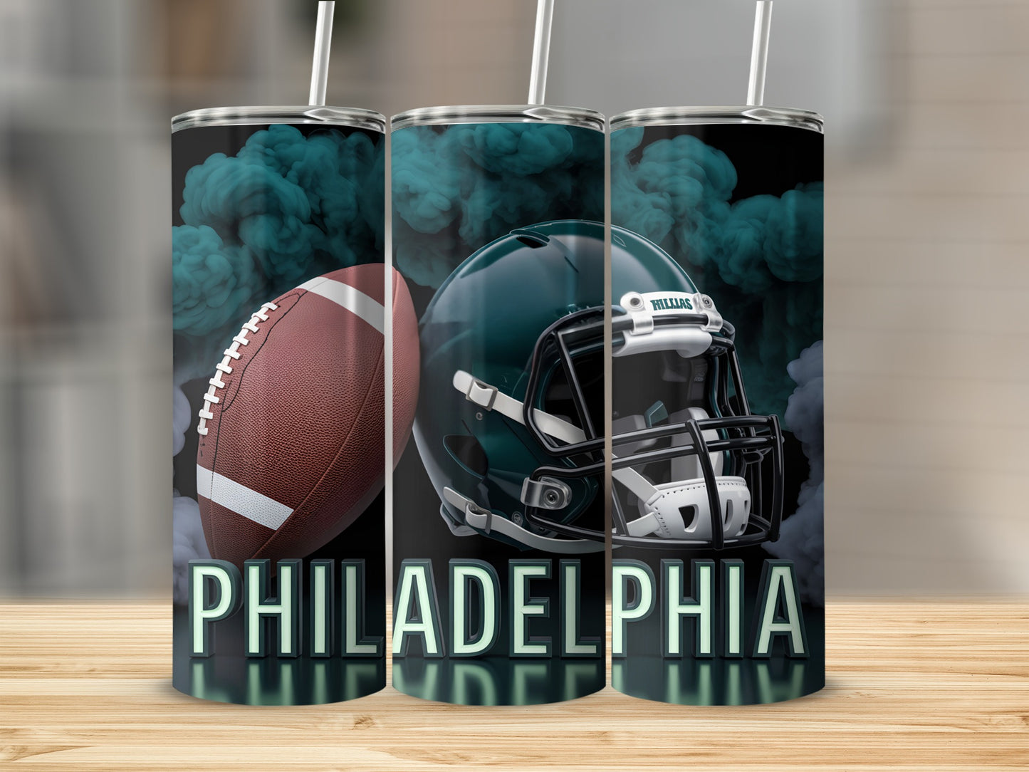 Philadelphia Eagles football helmet and ball with green smoke.
