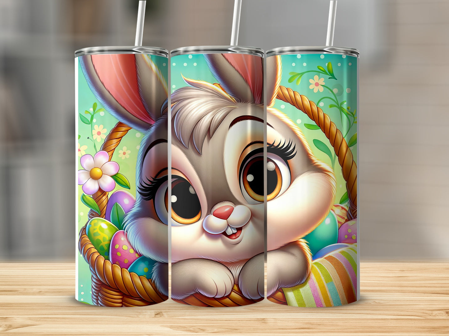 Cute cartoon bunny peeking out of Easter basket with colorful eggs.