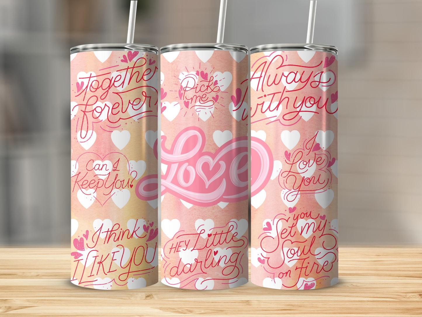 Romantic Love Quotes Tumbler Set with Heart Designs