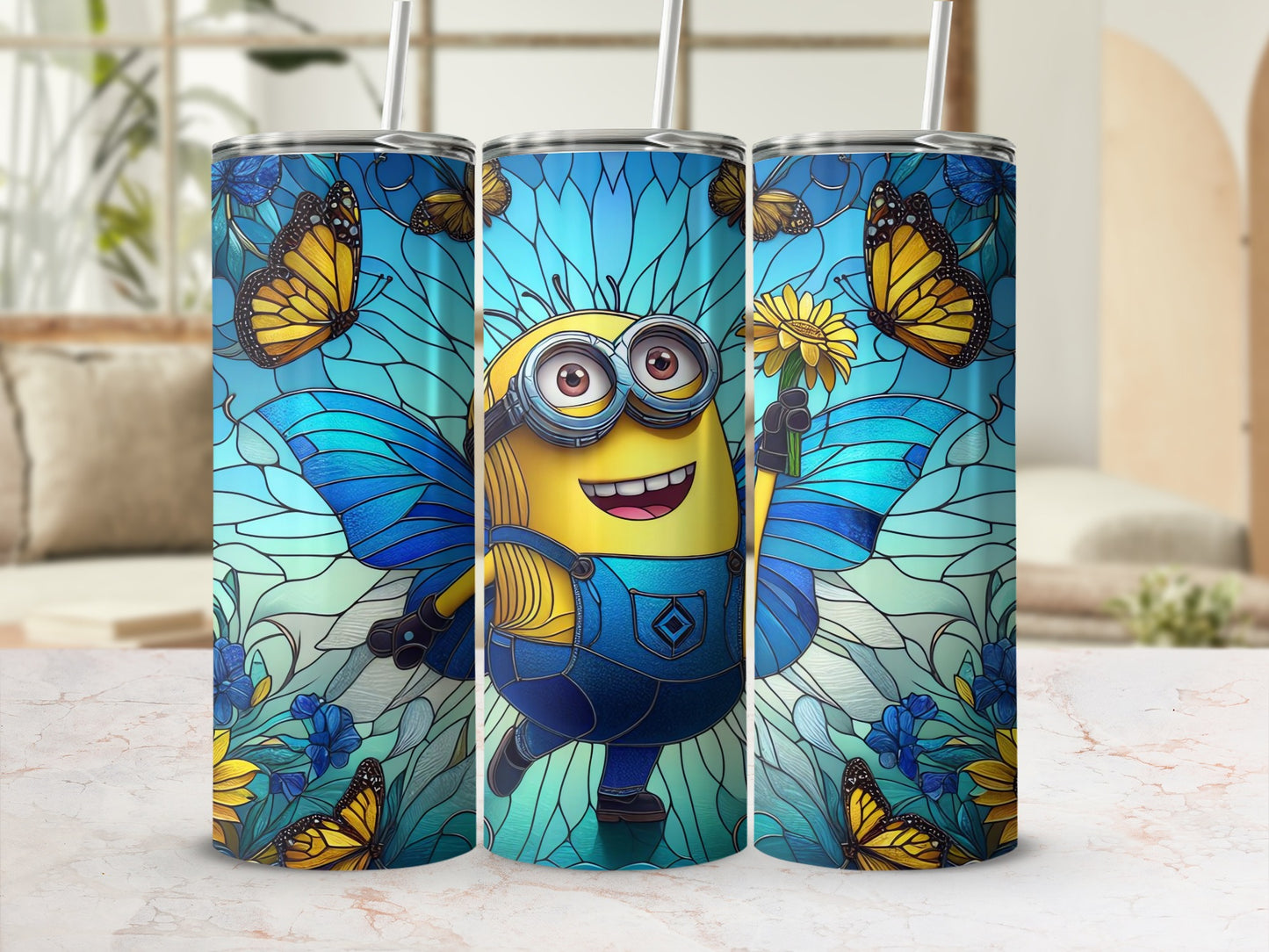 Cheerful Cartoon Character with Butterflies Tumbler