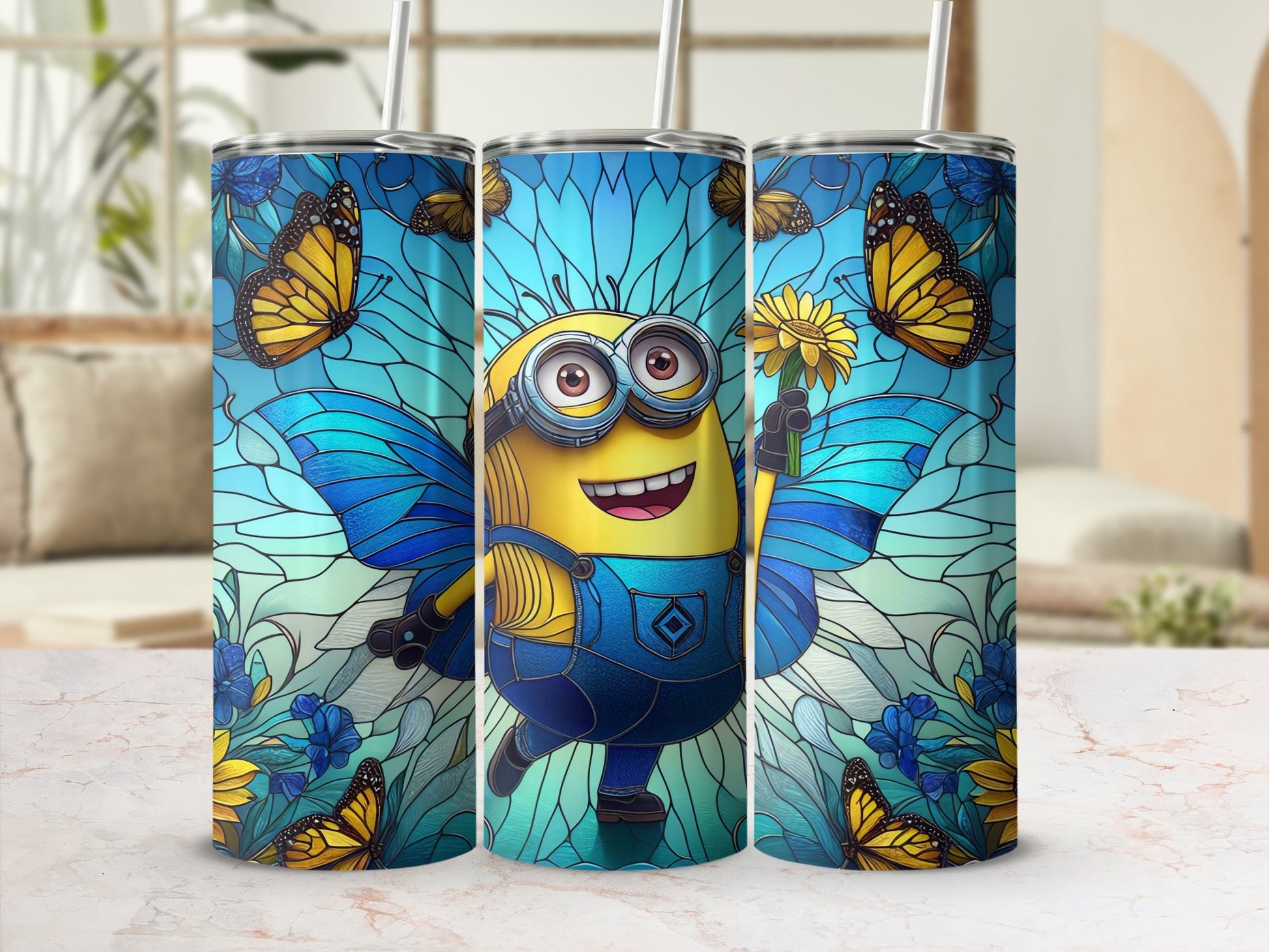 Cheerful Cartoon Character with Butterflies Tumbler