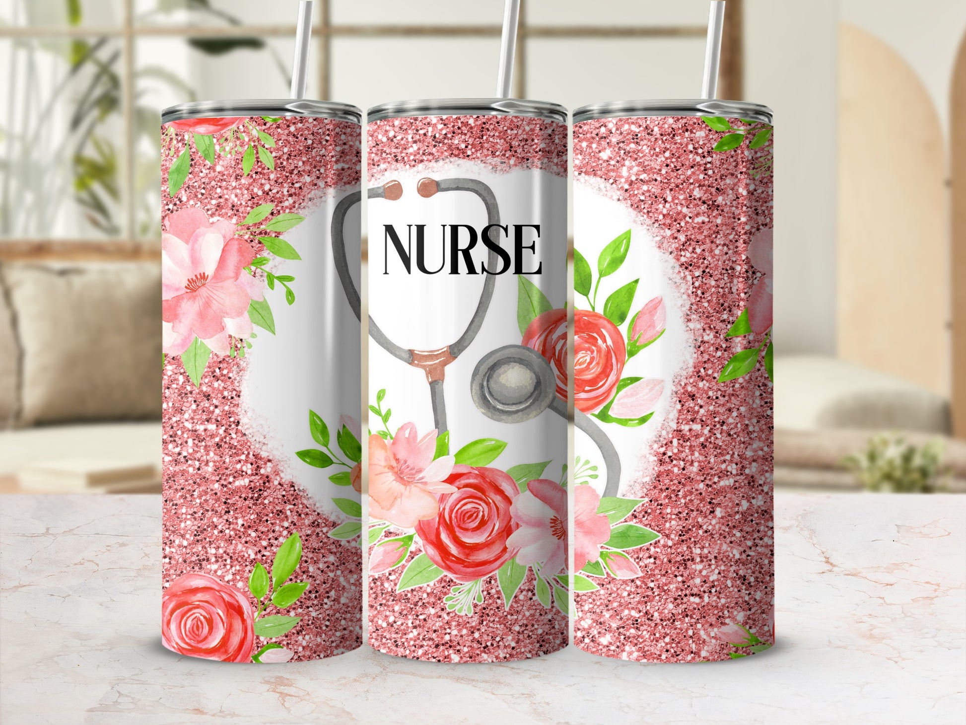 Pink glitter tumbler with stethoscope and floral design, text "Nurse".