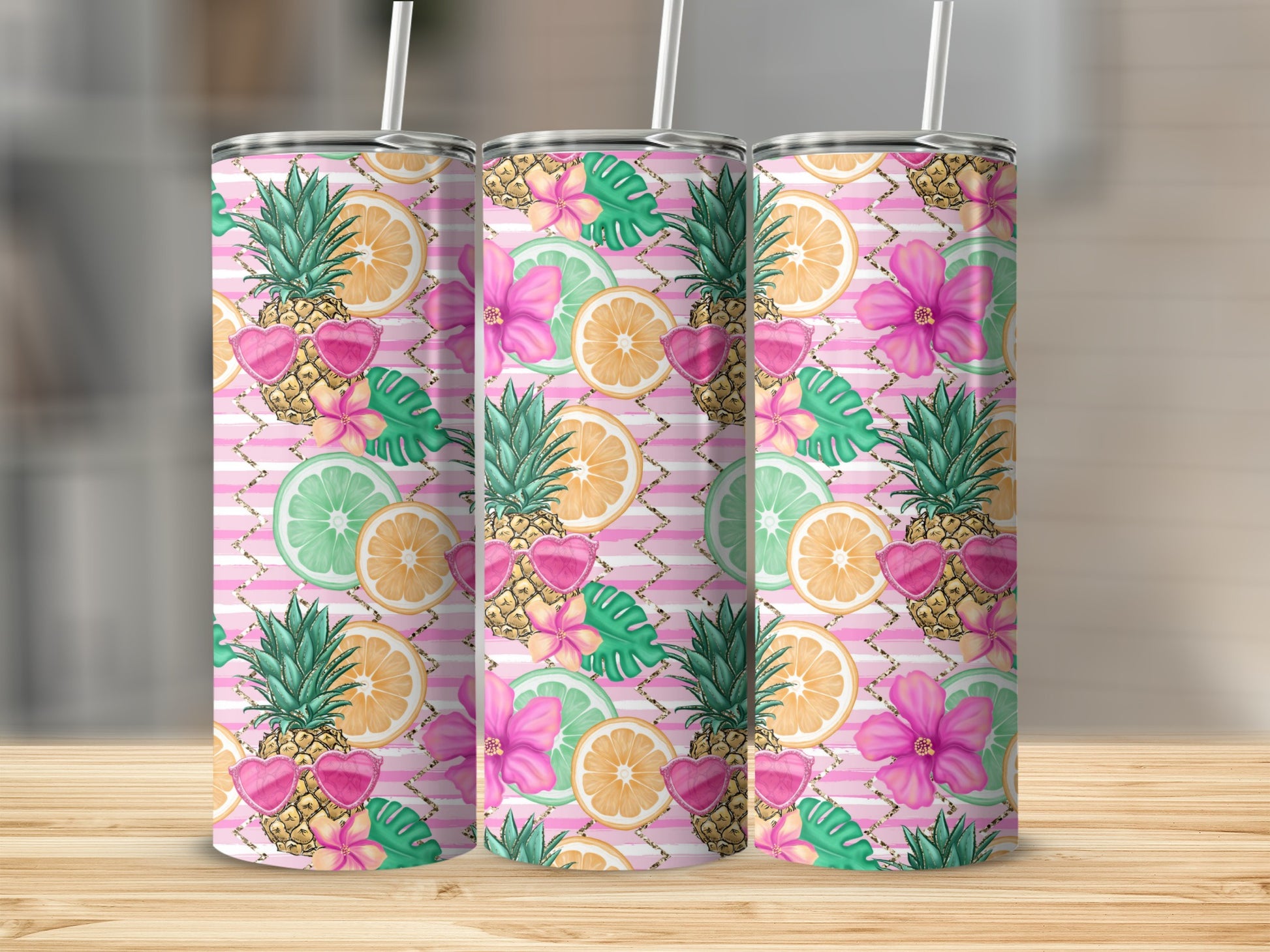 Patterned tumbler with citrus fruits, flowers, and hearts on striped background.