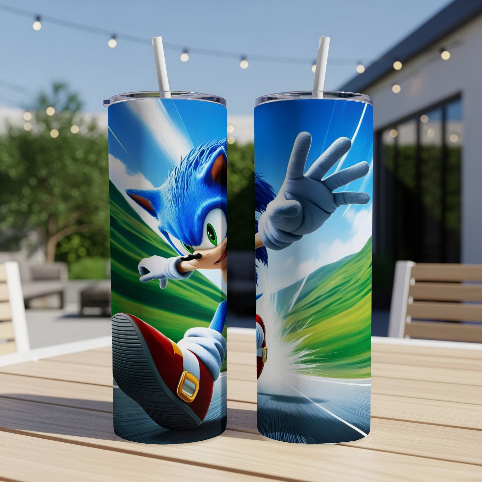 Sonic the Hedgehog running on a colorful, motion-blurred background.