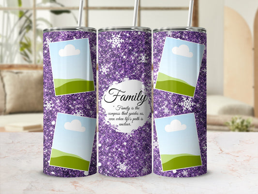 Purple glitter tumbler with snowflakes, photo placeholders, and "Family" quote.