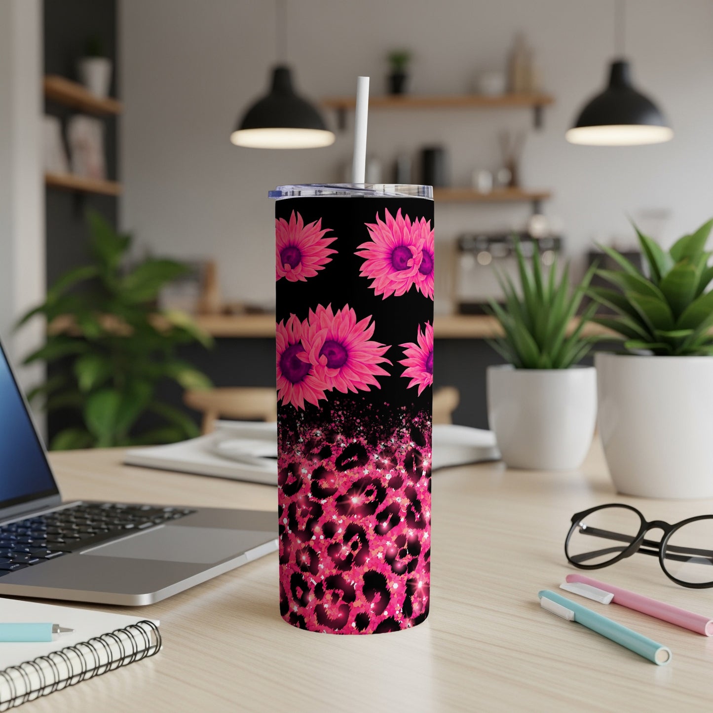 Pink floral and leopard print skinny tumbler with straw.