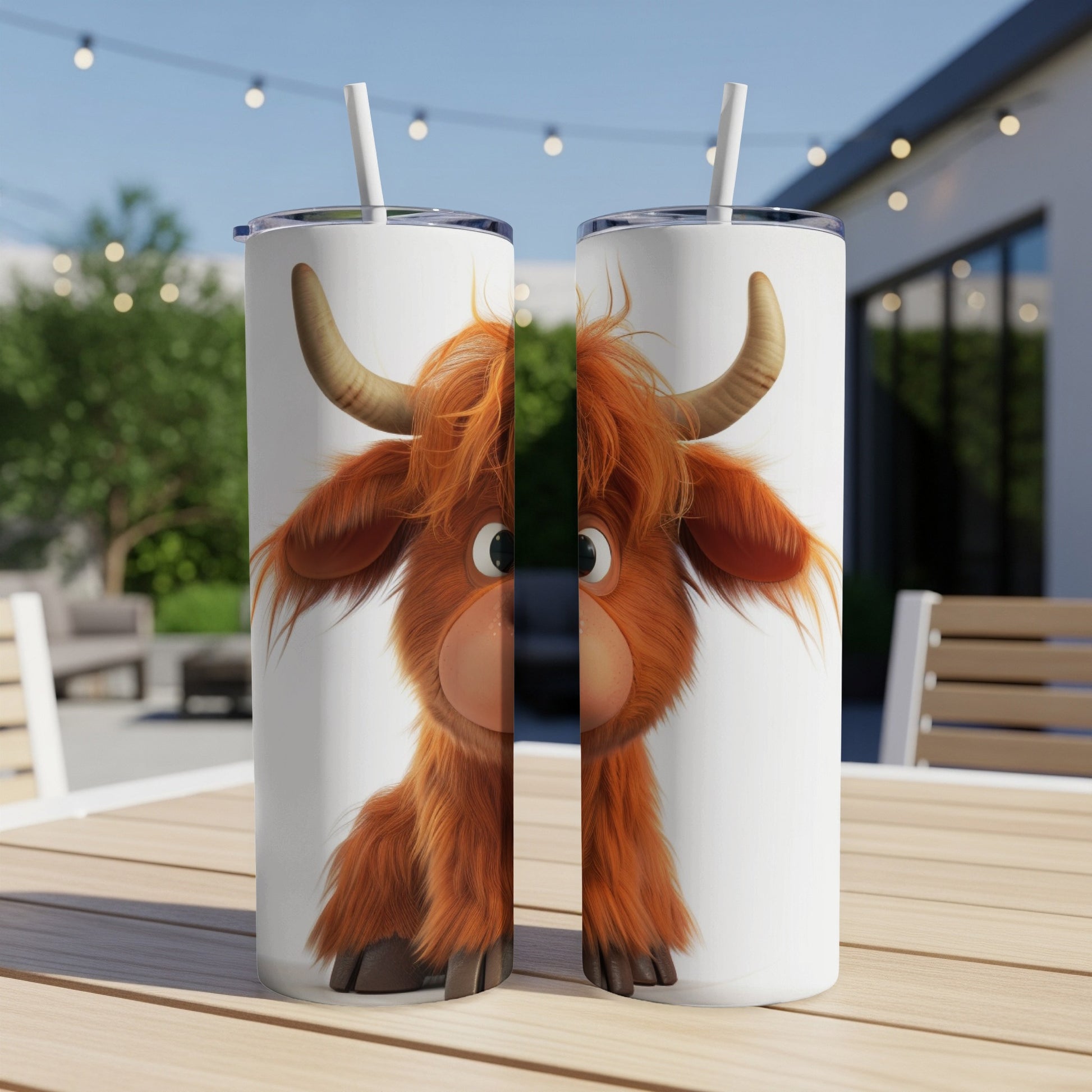 Two tall white tumblers with a cartoon Highland cow design.