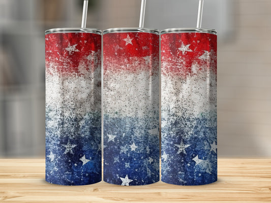 Three tumblers with patriotic red, white, and blue star and splatter design.