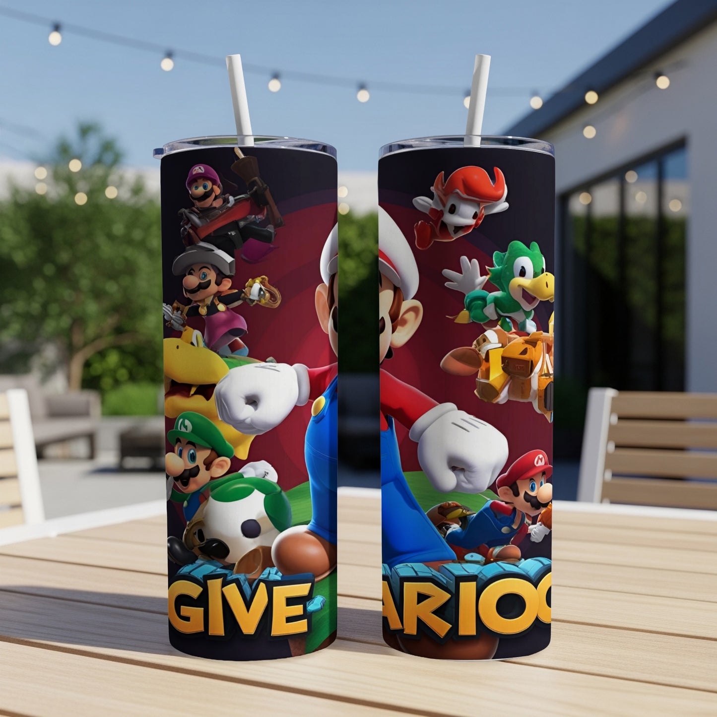 Mario characters surrounding a tumbler with "Super Mario" text.