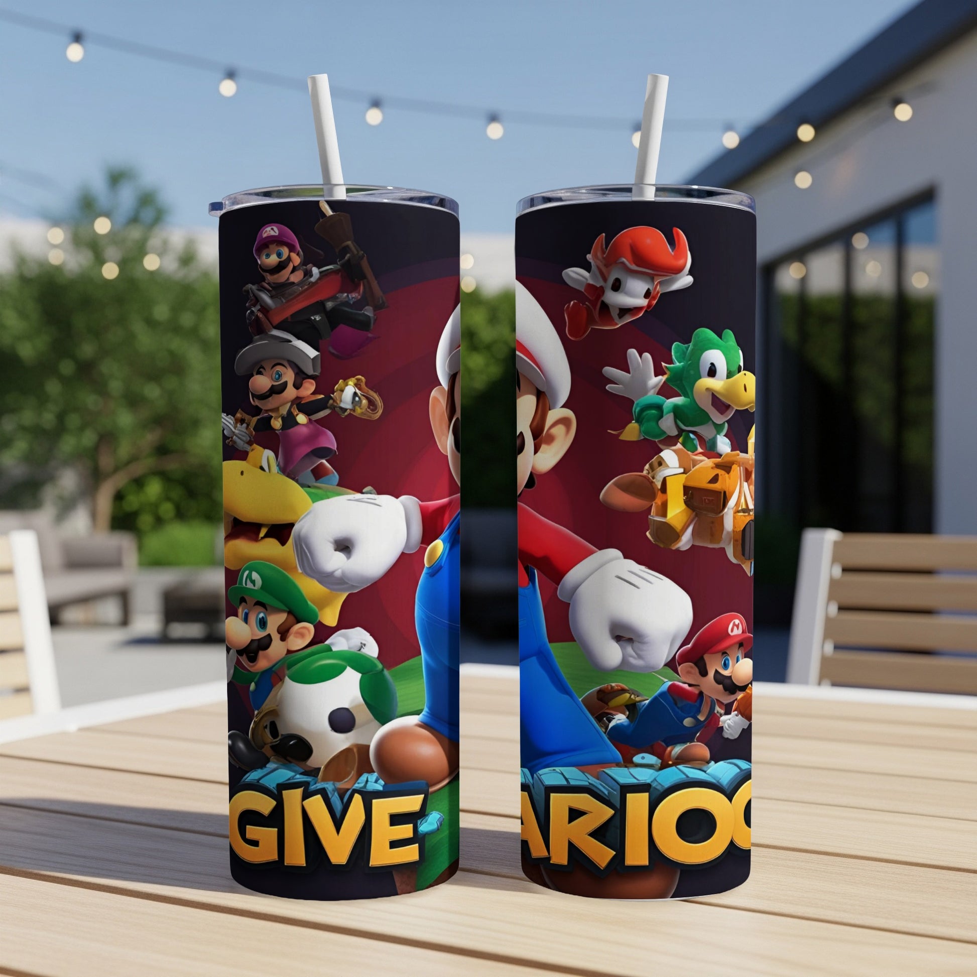 Mario characters surrounding a tumbler with "Super Mario" text.