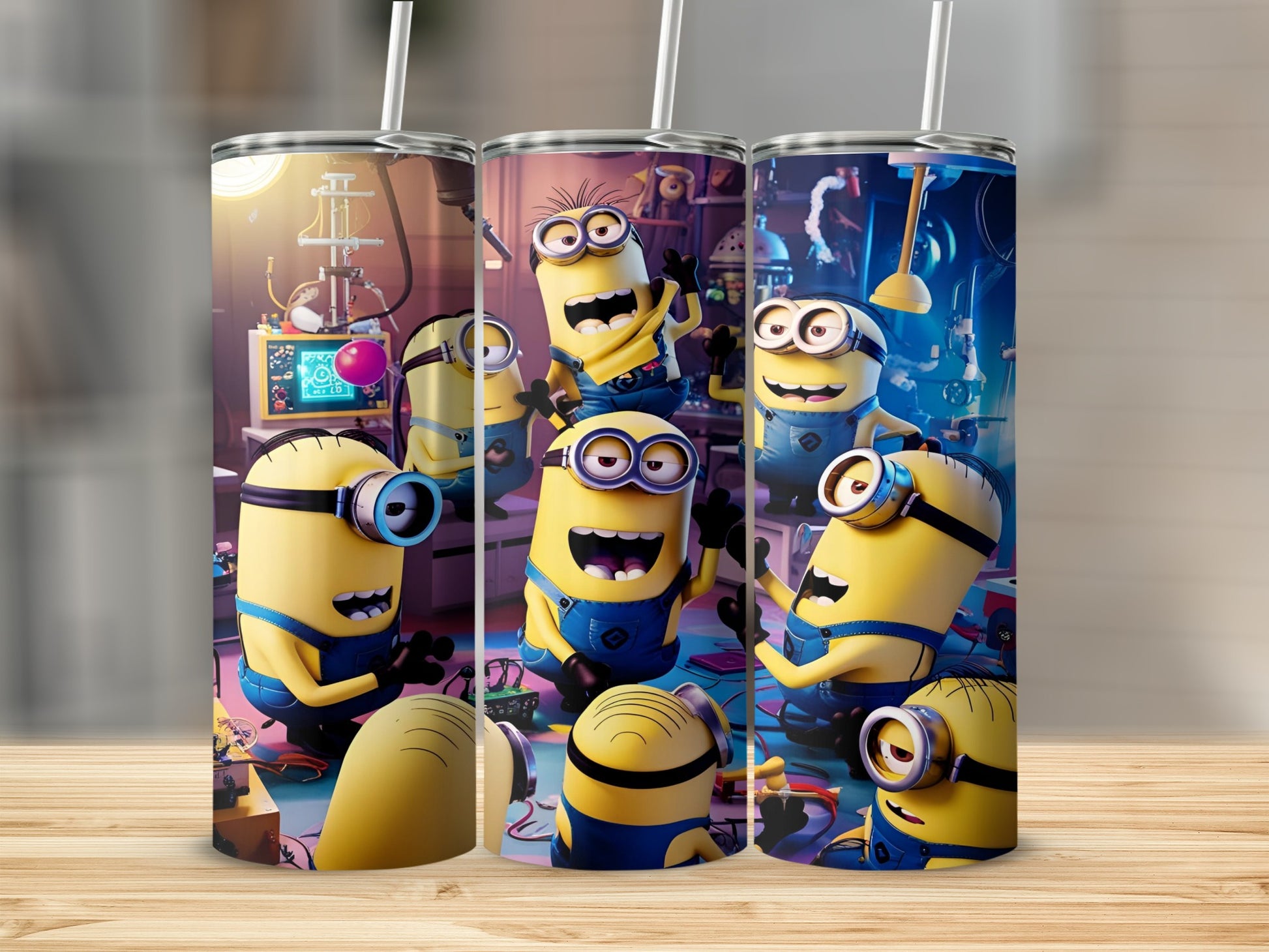 Minions in a workshop with tools and blue overalls.