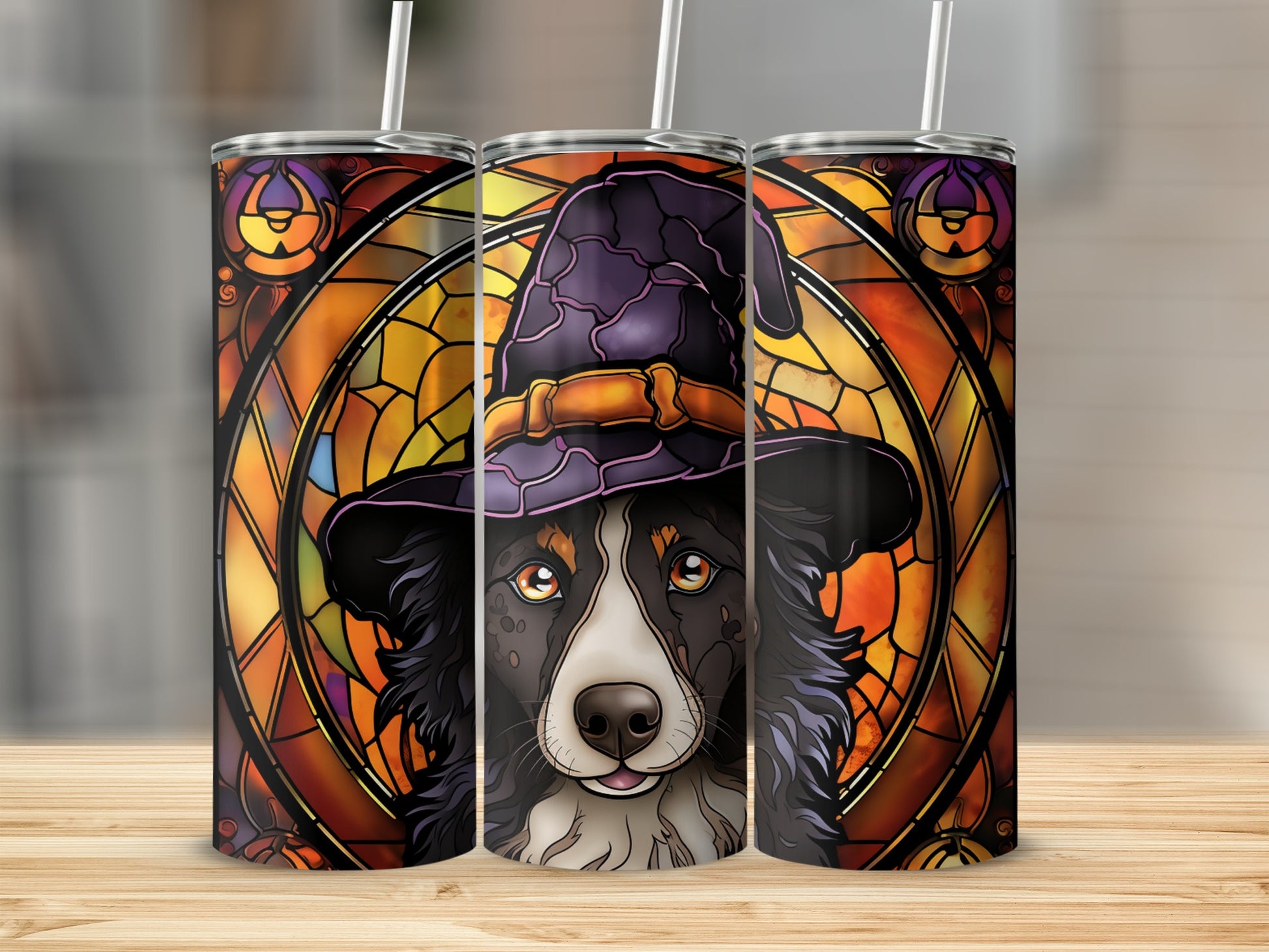 Border Collie wearing a witch hat, in a stained glass style.