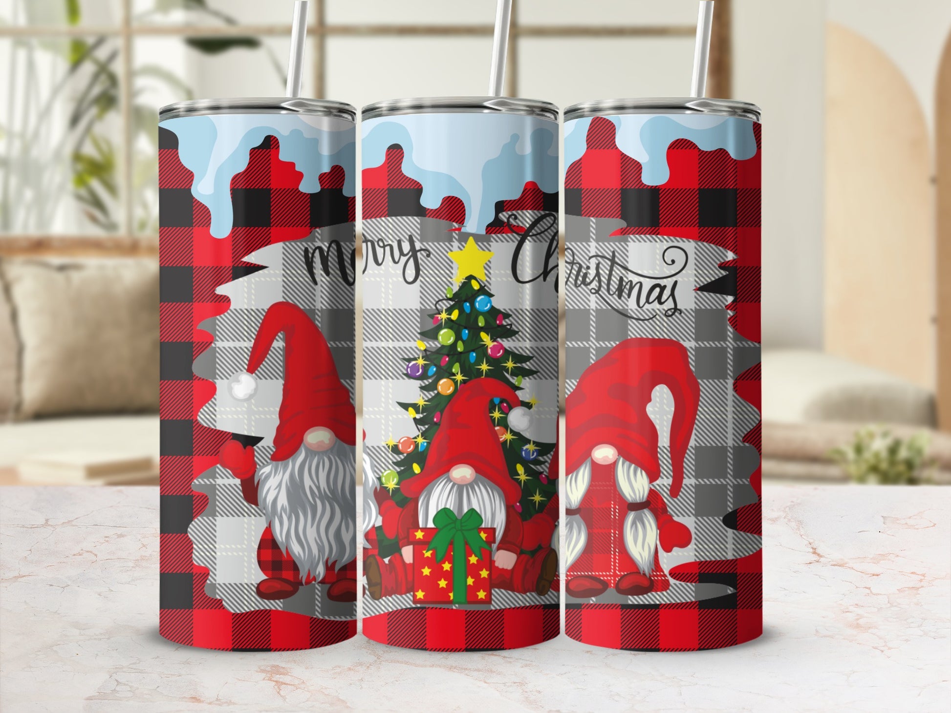Three tumblers featuring gnomes and Christmas tree design on buffalo plaid.