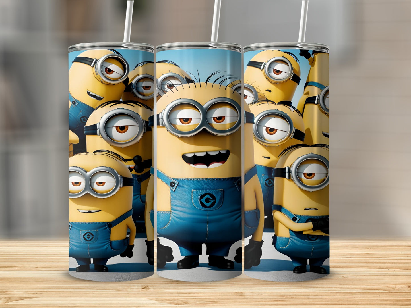 Three Minion characters in blue overalls stand together.