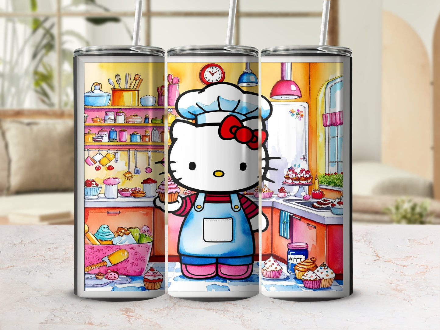 Hello Kitty in chef hat and apron holding cupcake in kitchen.