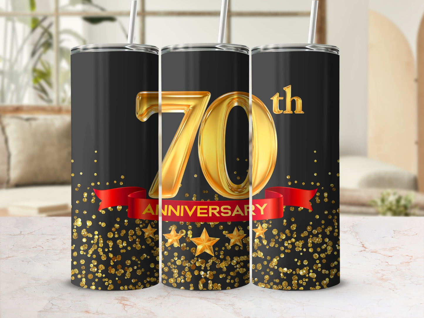 Black tumbler with "70th Anniversary" text and gold confetti.