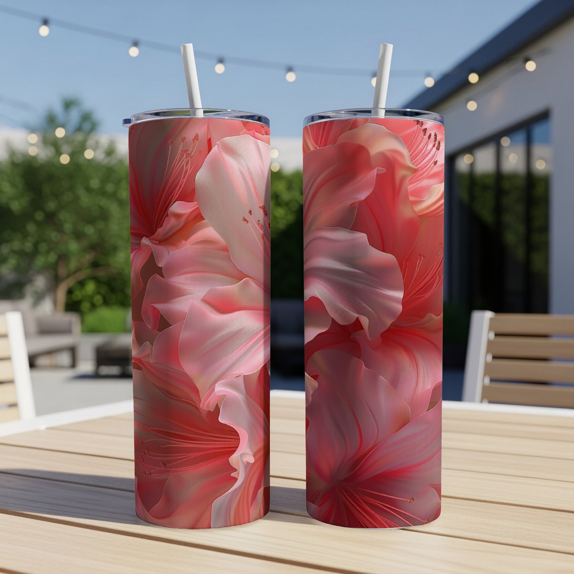 Two tumblers with pink floral patterns sit on a wooden table outdoors.