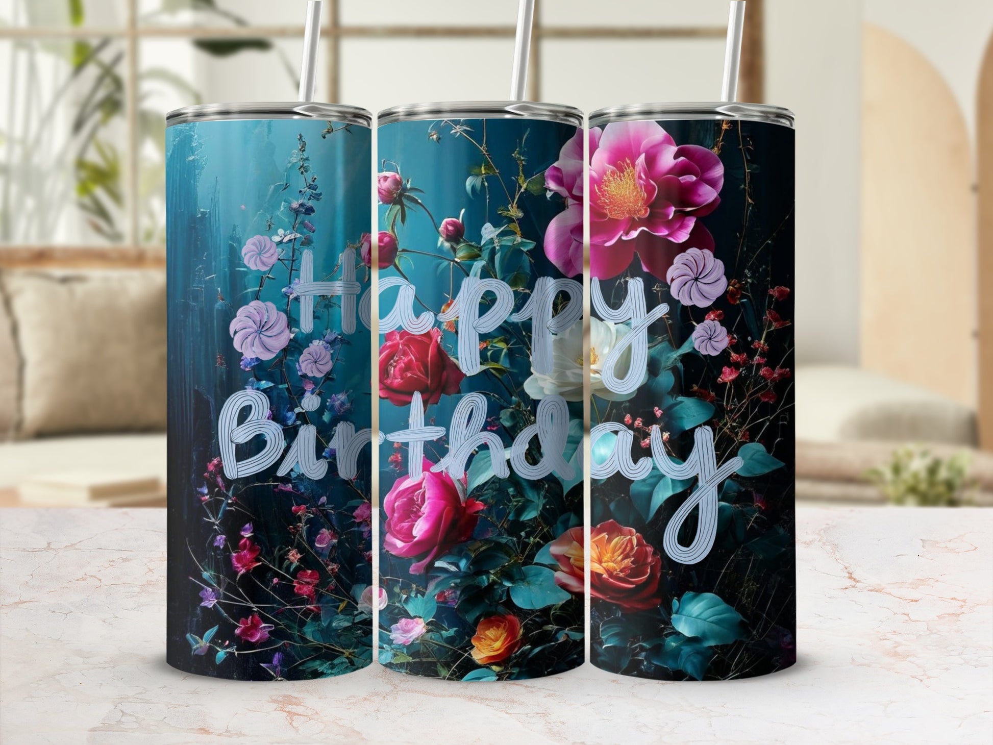 Floral Happy Birthday tumbler with pink roses and peonies.