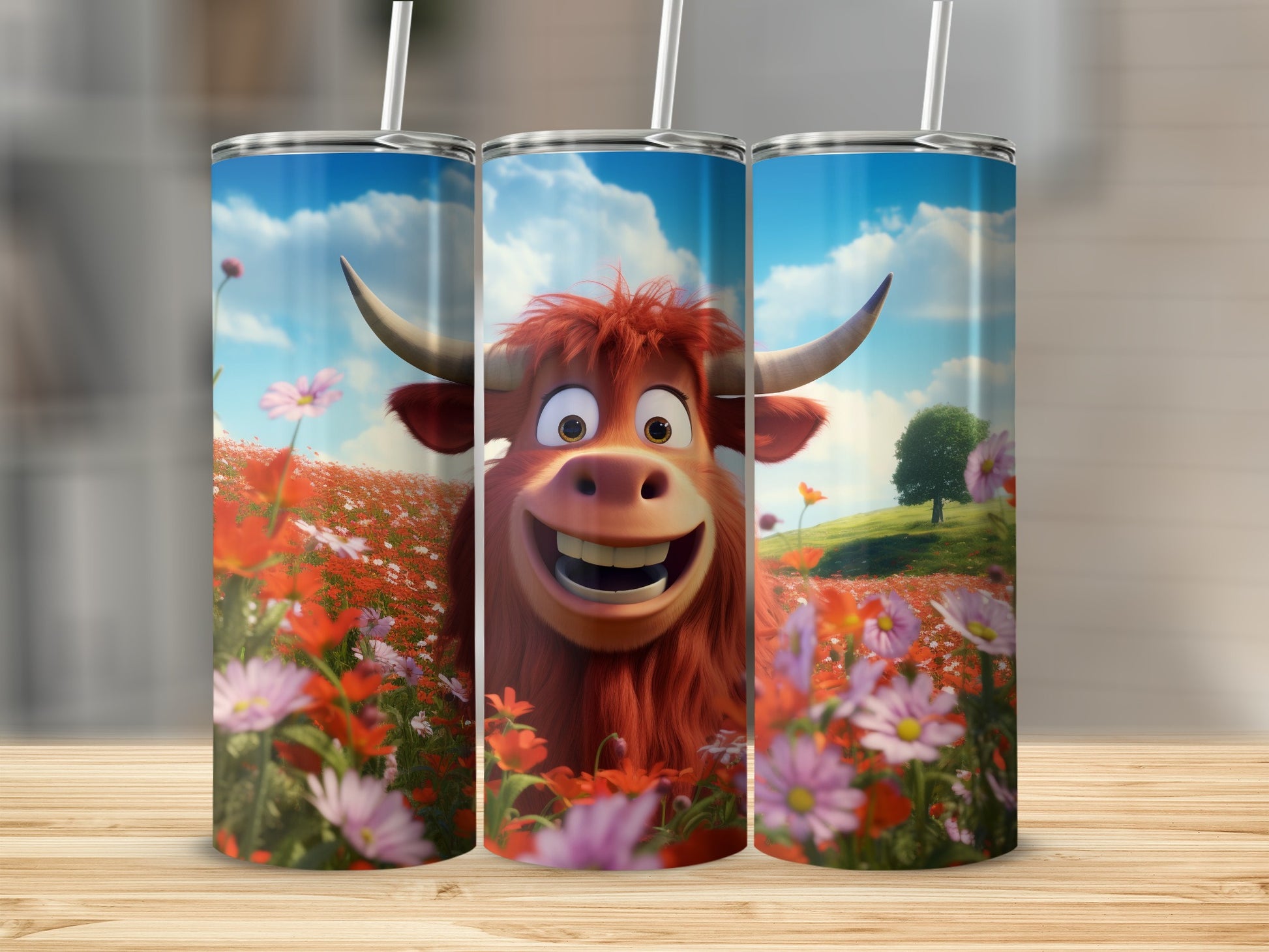 Cheerful Cartoon Cow in Flower Field Tumbler Product